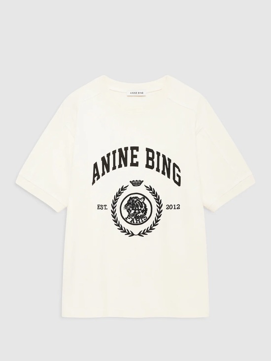 Anine Bing Tops - ANINE BING Cream Long Sleeve Tee with Black Crest Logo